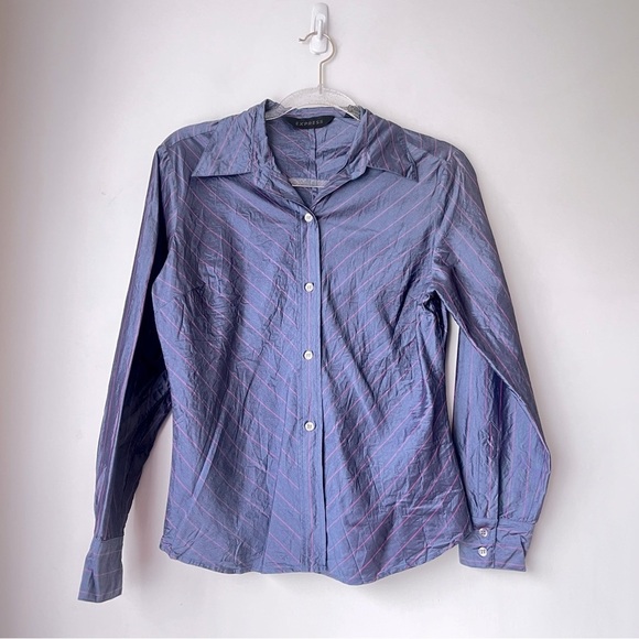 Vintage 00s Y2K Express Blue Pink Pinstripe Silk Blouse 5/6 - Picture 1 of 3